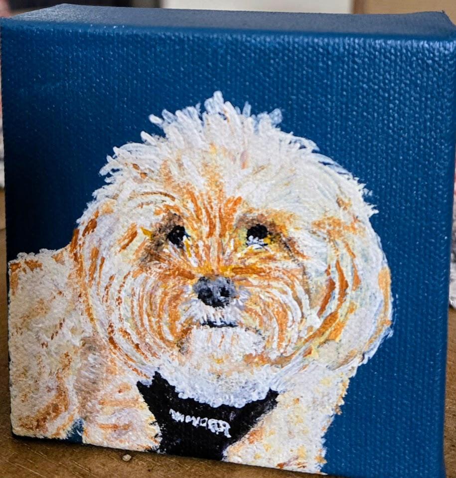 Custom pet portrait — fluffy dog on navy blue canvas