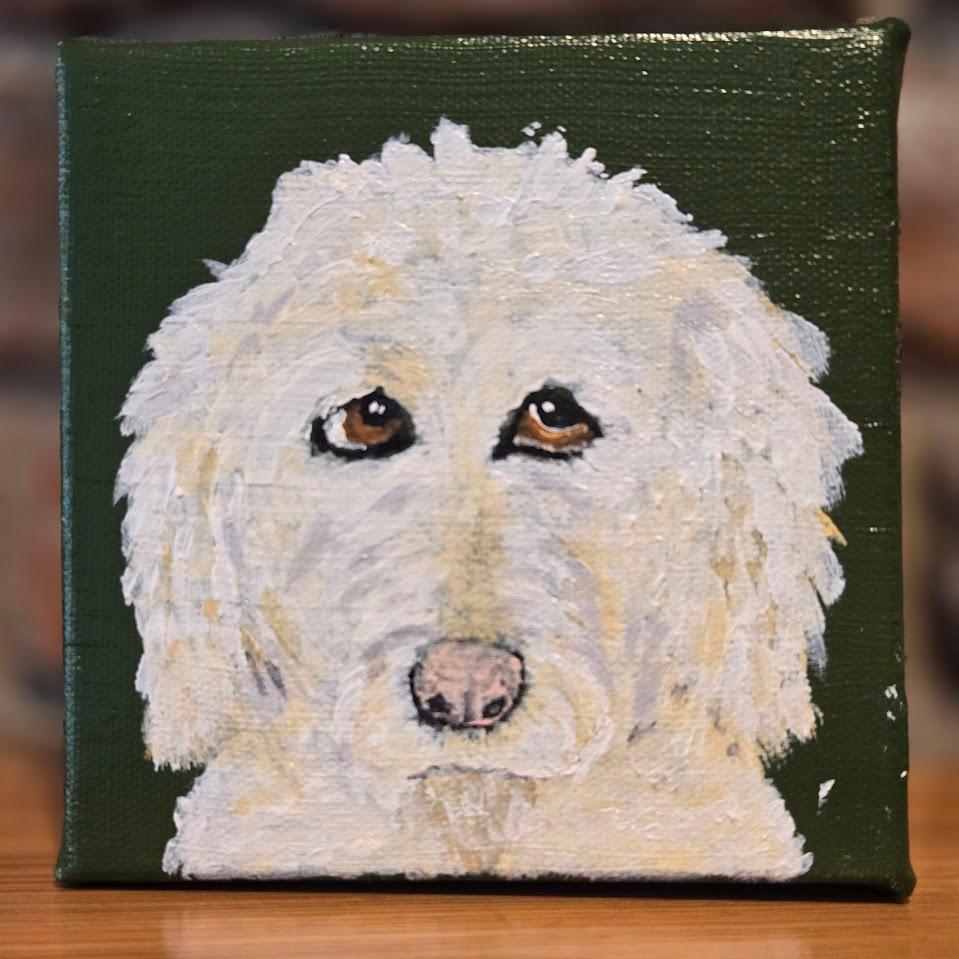 Custom pet portrait — white doodle on forest green canvas