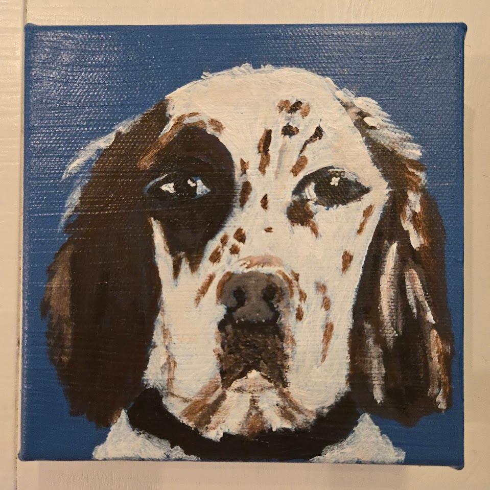Custom pet portrait — spaniel on blue canvas
