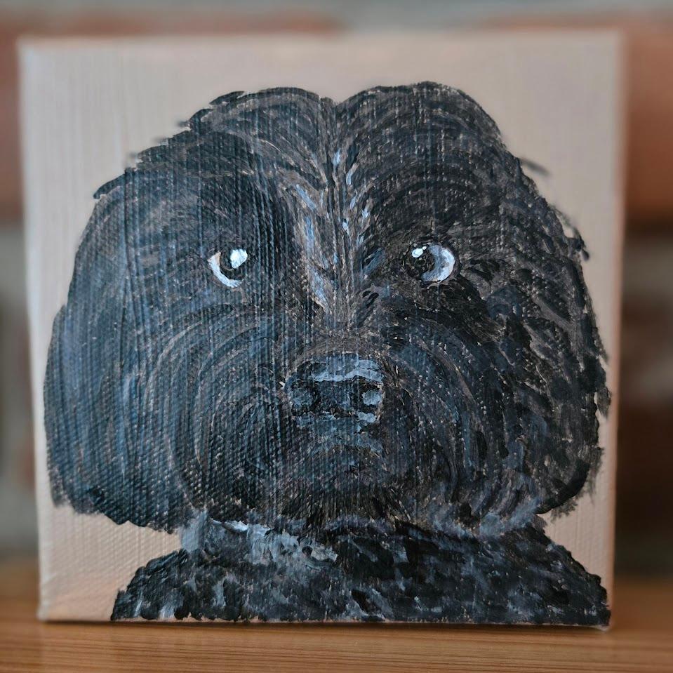 Custom pet portrait — black doodle on natural canvas