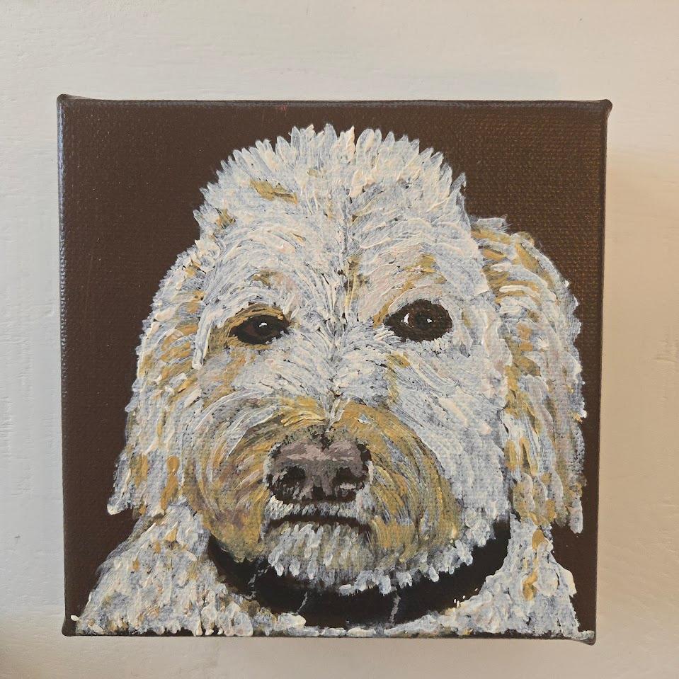 Custom pet portrait — golden doodle on brown canvas