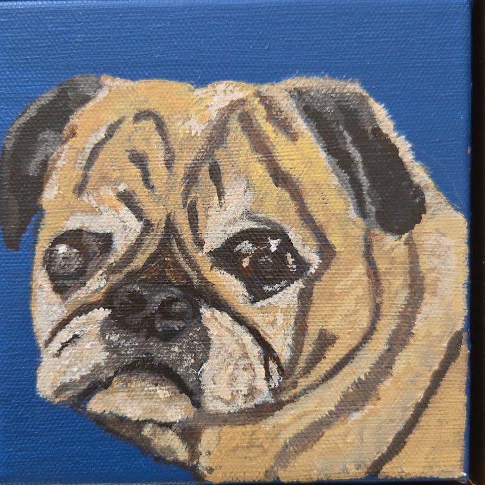 Custom pet portrait — pug on blue canvas