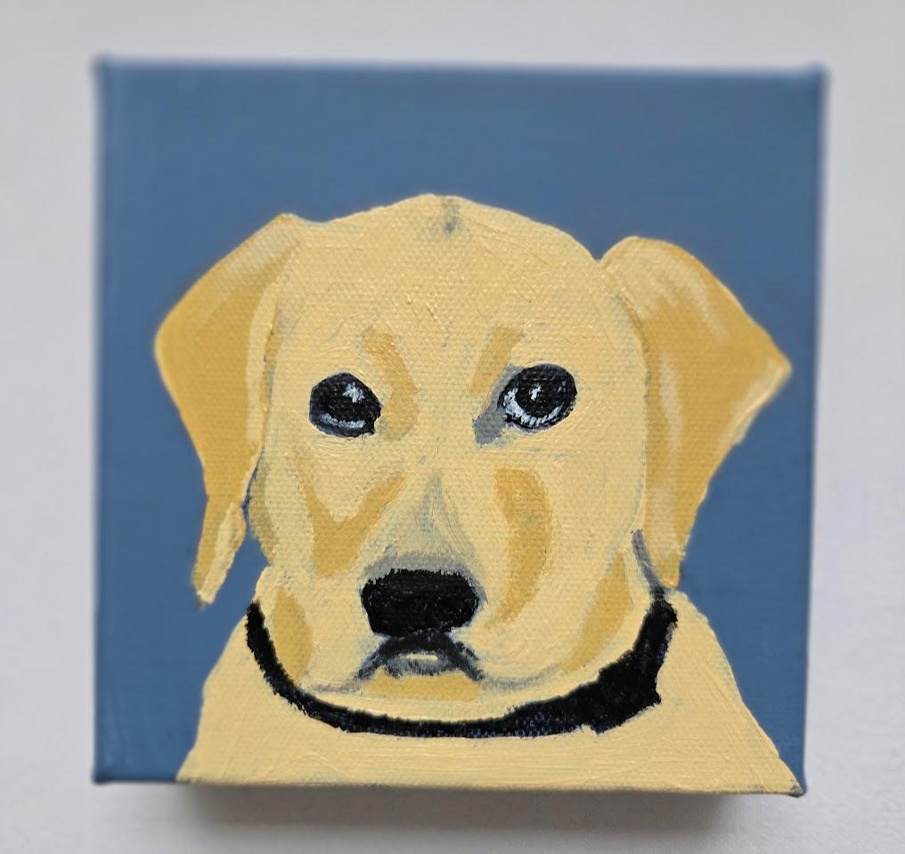 Custom pet portrait — yellow lab puppy on blue canvas