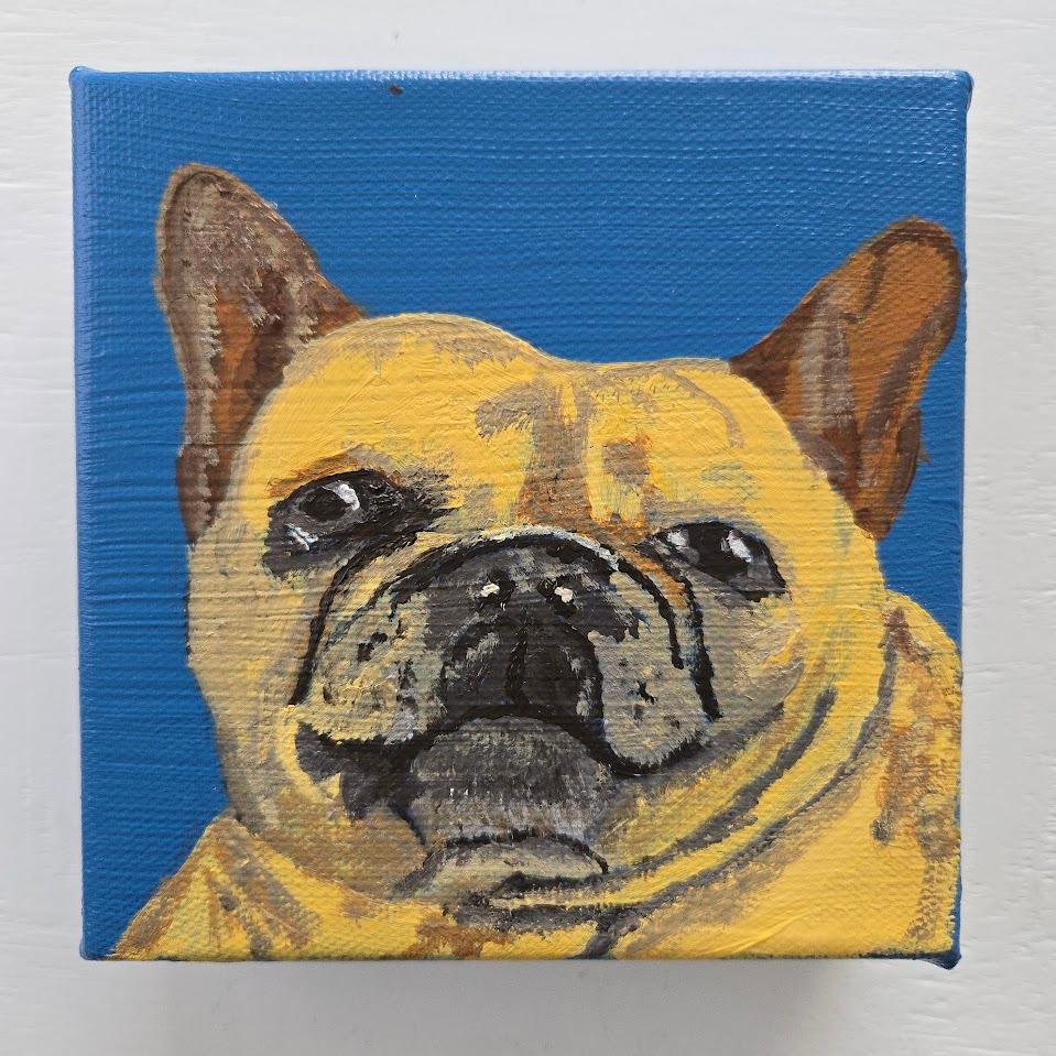 Custom pet portrait — french bulldog on blue canvas