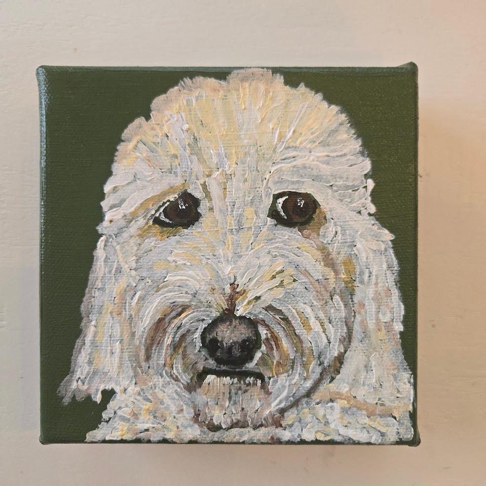 Custom pet portrait — white doodle on olive green canvas